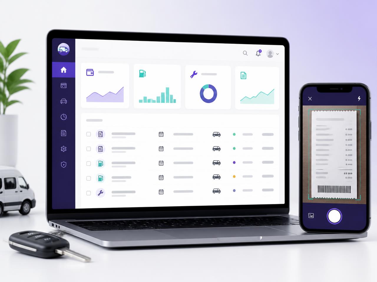 Painel do gestor no notebook e o app do motorista fotografando um comprovante no celular